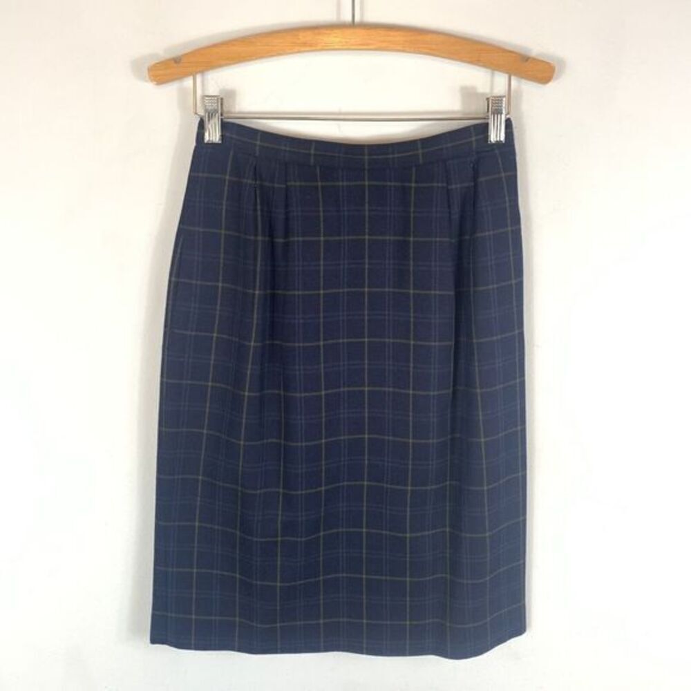 Vintage Anne Klein Womens Plaid Size 6P High Waisted Pencil Skirt Pleats Navy